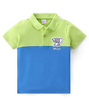 Babyhug Cotton Half Sleeves Polo T-Shirt With Elephant Applique - Lime & Blue