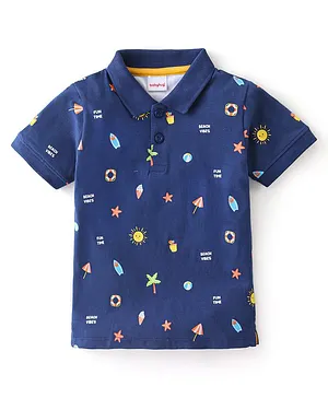 Babyhug Cotton Knit Half Sleeves Beach Theme Printed Polo T-Shirt - Navy Blue