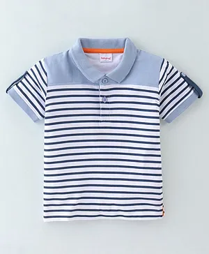 Babyhug Cotton Knit  Half Sleeves Striped Polo T-Shirt - White & Blue