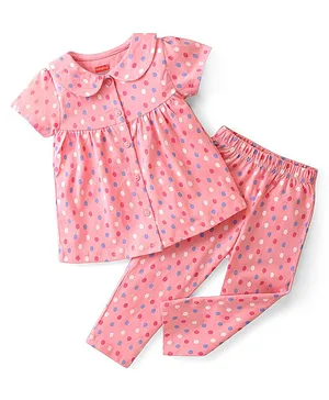 Babyhug Cotton Knit Single Jersey Half Sleeves Night Suit With Polka Dots Print - Pink
