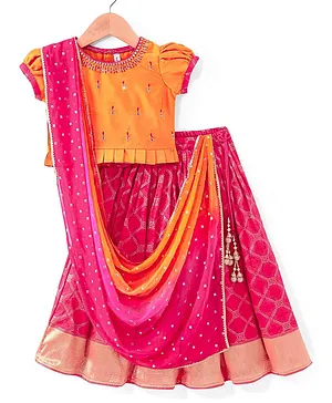 Babyhug  Short Sleeves Embroidered Choli with Brocade Lehenga & Dupatta Set - Pink & Orange