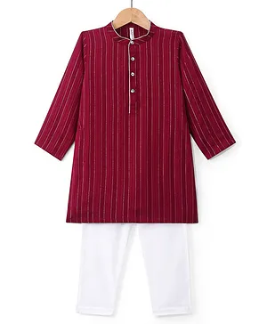 Babyhug Lurex Woven Full Sleeves Striped Kurta & Pyjama Set - Red