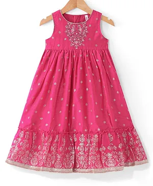 Babyhug Woven Sleeveless Ethnic Dress with Foil Print & Floral Embroidered - Fuschia