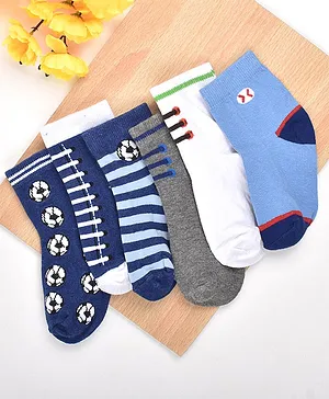 Footprints Organic Cotton Pack Of 6 Striped & Football  Printed Super Soft Socks - White & Blue
