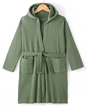 Pine Kids Bath Robe with Hood Full Sleeves - Olive Green