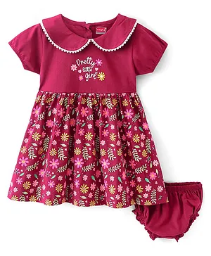 Babyhug 100% Cotton Jersey Knit Half Sleeves Frock With Bloomer Floral Print - Red