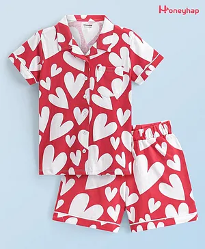 Honeyhap Premium 100% Cotton Single Jersey With Bio Finish Half Sleeves Night Suit With Heart Print - White & Red