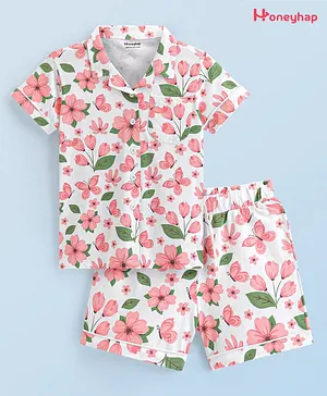 Honeyhap Premium 100% Cotton Single Jersey With Bio Finish Half Sleeves Night Suit With Floral Print - Pink & White