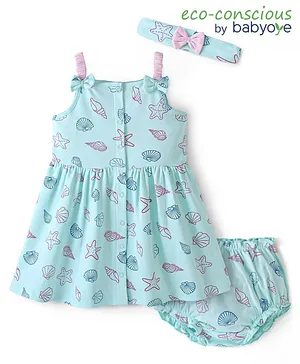 Babyoye Eco Conscious Cotton Frock With Bloomer & Head Band Marine Life Print - Blue