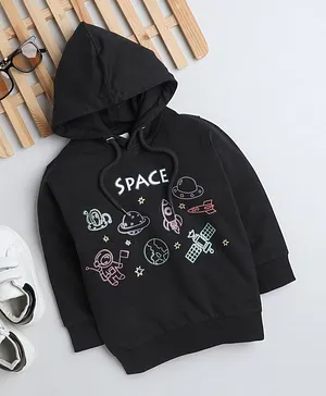 BUMZEE Full Sleeves Space Theme Printed Hooded Sweatshirt - Black
