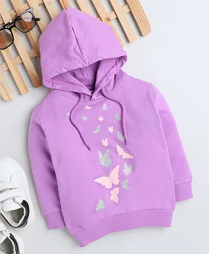 BUMZEE Cotton Full Sleeves Butterflies Printed Hooded Sweatshirt - Purple