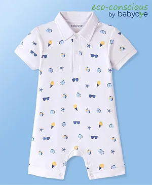 Babyoye 100% Cotton Knit Interlock Half Sleeves Romper With Sea Life Print - White & Blue