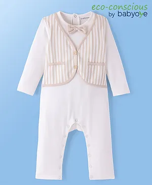 Babyoye  100% Cotton Knit  Full Sleeves Striped Romper with Bow Applique  - White