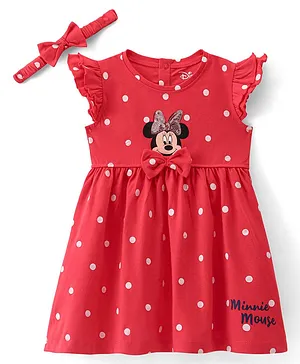 Babyhug Disney 100% Cotton Knit Frill Sleeves Frock With Head Band Minnie Mouse Print- Red