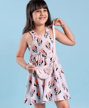 Babyhug Disney Cotton Jersey Singlet Sleeves Tie & Dye with Minnie Mouse Printed Frock with Sling Bag - Peach