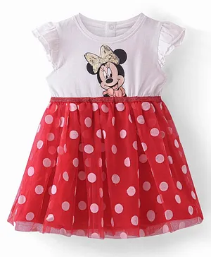Babyhug Disney  Sleeves Frock with Mesh &  Frill Detailing  Minnie Mouse Graphics - White