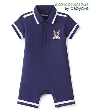Babyoye 100% Cotton Solid Dyed Half Sleeves Romper With Teddy Embroidery - Navy Blue