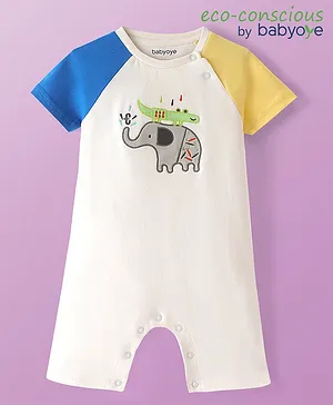 Babyoye  100% Cotton Knit Half Sleeves  Half Sleeves Romper Elephant  Placement Print - Multicolour