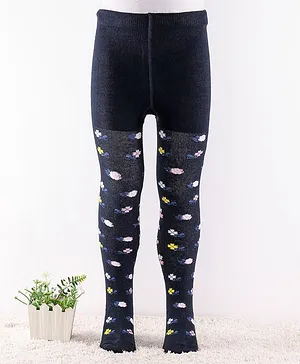 Cute Walk by Babyhug Anti-Bacterial Cotton Knit Footed Tights Floral Print - Navy Blue