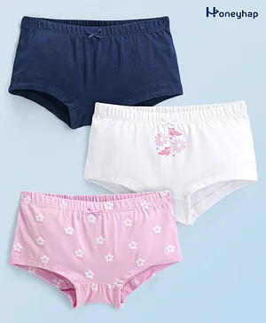 Honeyhap Premium Cotton Elastane Knit Panties with Bio Finish Floral Print Pack of 3 - Navy Peony Light Pink &  Bright White