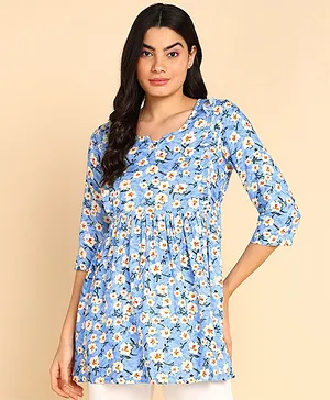 Zelena Three Fourth Sleeves Floral Printed Maternity Top With Pocket & Concealed Zipper Nursing Access - Aqua Blue