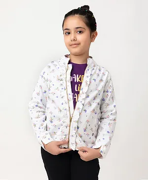 PURPLE UNITED KIDS Cotton Full Sleeves Floral Printed  Zipper Jacket - White