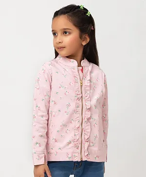 PURPLE UNITED KIDS Cotton Full Sleeves Floral Printed  Zipper Jacket - Peach