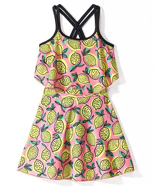 ROVARS Lycra Sleeveless Lemon Printed Frock Style Swimsuit - Pink & Yellow