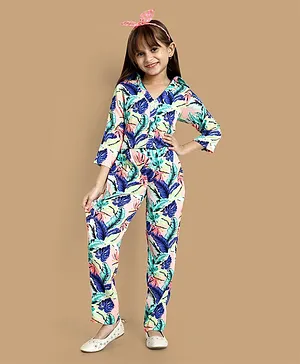 Little Marine Full Sleeves Forest Leaves Printed Coordinating Top & Pant Set - Multi Colour