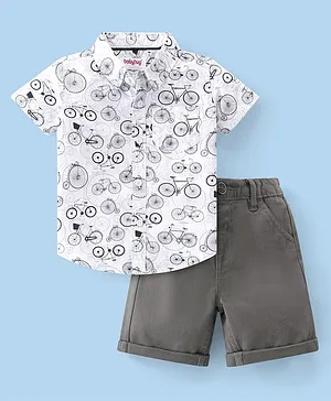 Babyhug Cotton Woven Half Sleeves Bicycle Printed Shirt & Shorts Set - White & Grey