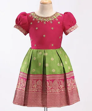 Enfance Half Puffed Sleeves Floral Embroidered Box Pleated Dress - Rani Pink