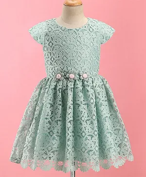 Enfance Cap Sleeves Lace Detailed & Flower Applique  Flared Dress - Pista Green