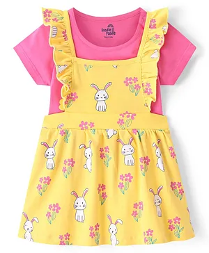 Doodle Poodle 100% Cotton Knit Half Sleeve Inner T-Shirts with Frock Bunny Print - Pink & Yellow
