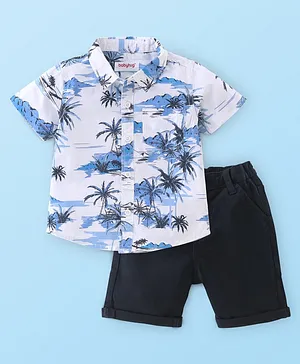Babyhug 100% Cotton Woven Half Sleeves Shirt & Shorts With Tropical Print - White & Blue