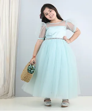 Toy Balloon Kids Half Puff Sleeves Beads & Sequin Belt Embellished Shimmer Gown - Sky Blue
