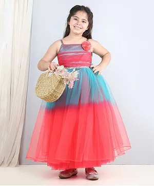 Toy Balloon Kids Sleeveless Beads & Sequin Belt Embellished Ombre  Effect Flared Gown - Coral