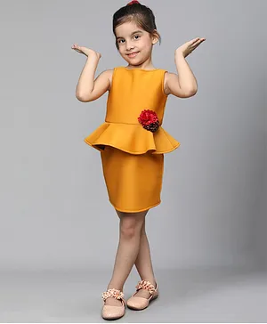 Toy Balloon Kids Sleeveless Floral Applique Detailed Frill Detailed Dress - Mustard Yellow