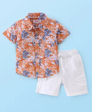 Babyhug 100% Cotton Woven Half Sleeves Shirt & Shorts With Tropical Print - Orange & White