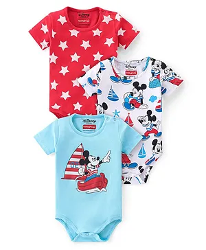 Babyhug Disney Interlock Cotton Knit Half Sleeves Onesies Star & Mickey Mouse Print Pack of 3 - Multicolor