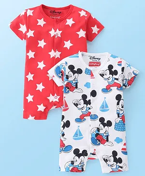 Babyhug Disney Interlock Cotton Knit Half Sleeves Rompers Star & Mickey Mouse Print Pack of 2 - Red & White