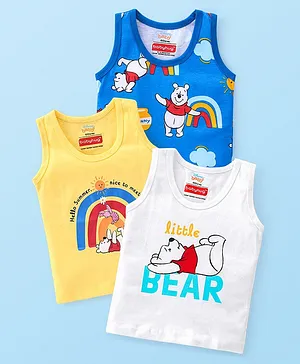 Babyhug Disney 100% Cotton Knit Sleeveless Vests with Winnie The Pooh Print Pack of 3 - Blue Yellow & White