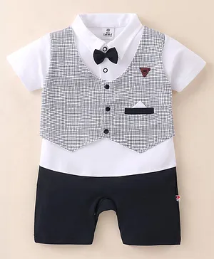 Mini Taurus Cotton Knit Half Sleeves Party Wear Romper Checkered With Bow Applique - Grey & White