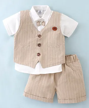 Mini Taurus  Half Sleeves Solid Colour Shirt & Shorts With Bow & Striped Waistcoat - Light Beige