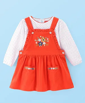 Babyhug 100% Cotton Woven Frock with Full Sleeves Inner T-Shirt Floral Embroidery - White