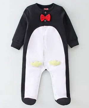 Babyhug Cotton Interlock Knit Full Sleeves Sleepsuit With Bow Applique - Black & White