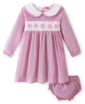 Babyhug 100% Cotton Single Jersey Knit Full Sleeves Striped Frock With Bloomer & Floral Applique - Pink
