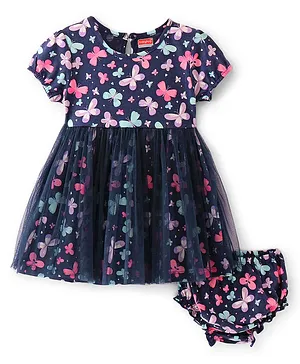 Babyhug 100% Cotton Single Jersey Knit Half Sleeves Frock With Bloomer Butterfly Print - Navy Blue