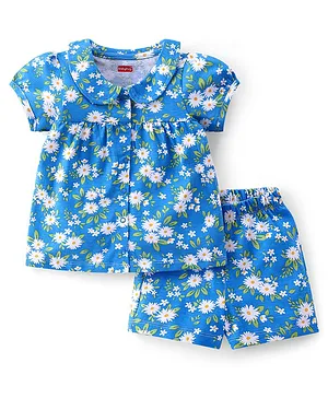 Babyhug Cotton Single Jersey Knit Half Sleeves Night Suit Floral Print - Blue