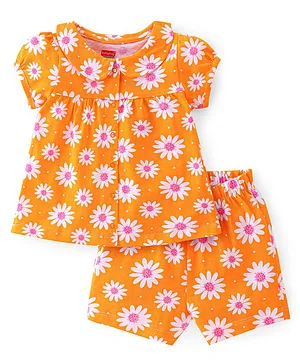 Babyhug Cotton Single Jersey Knit Half Sleeves Front Open Night Suit Floral Print - Orange