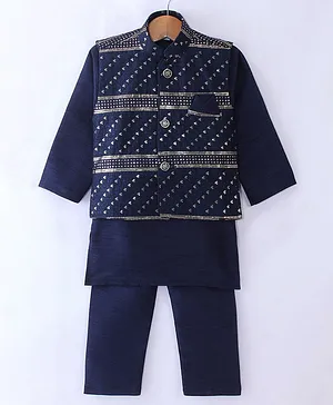 Ridokidz Full Sleeves Solid Kurta & Salwar With Sequin Embellished  Jacket - Navy Blue